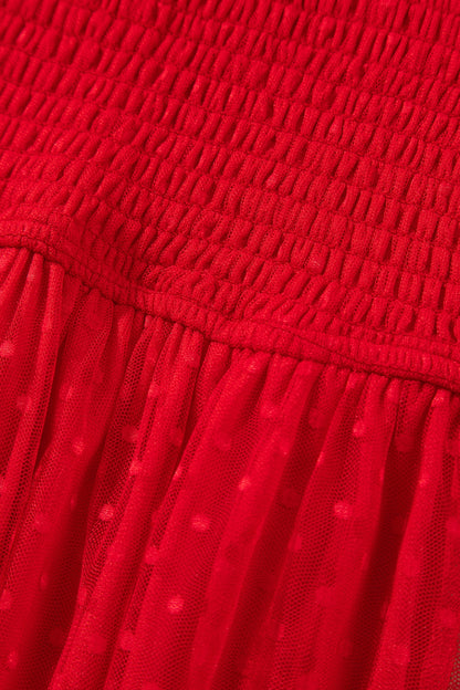 Red Tiered Tulle Smocked Puff Sleeve Dress