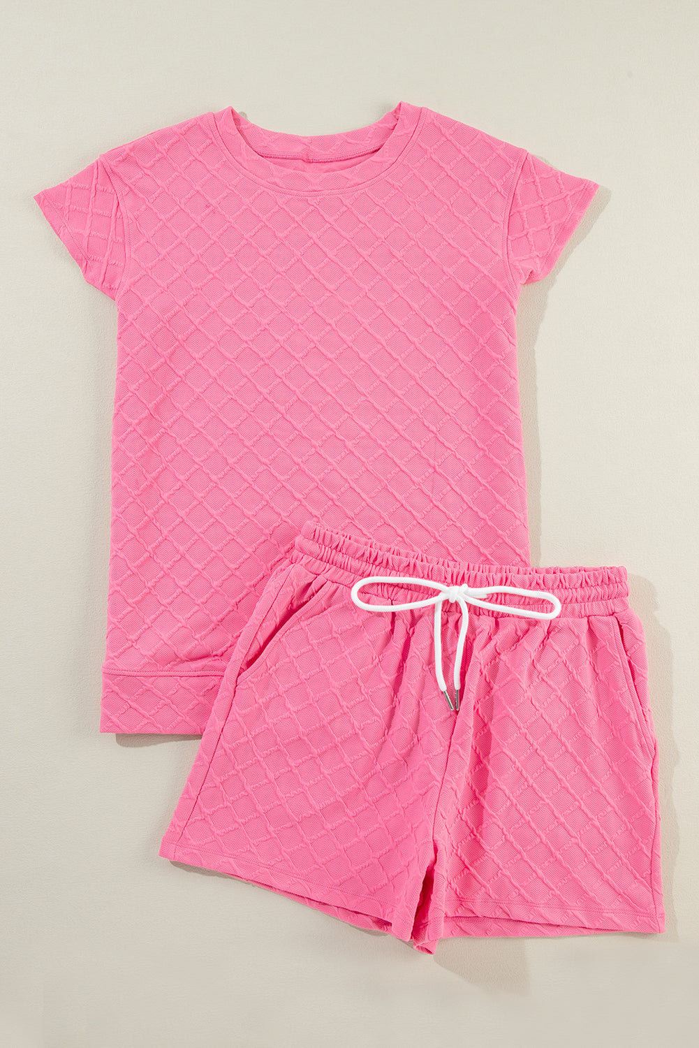 Pink Checkered Textured Tee and Drawstring Shorts