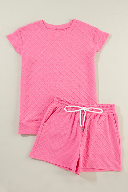 Pink Checkered Textured Tee and Drawstring Shorts