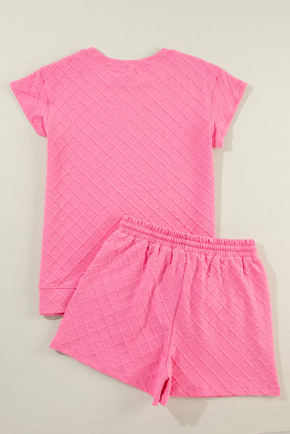 Pink Checkered Textured Tee and Drawstring Shorts