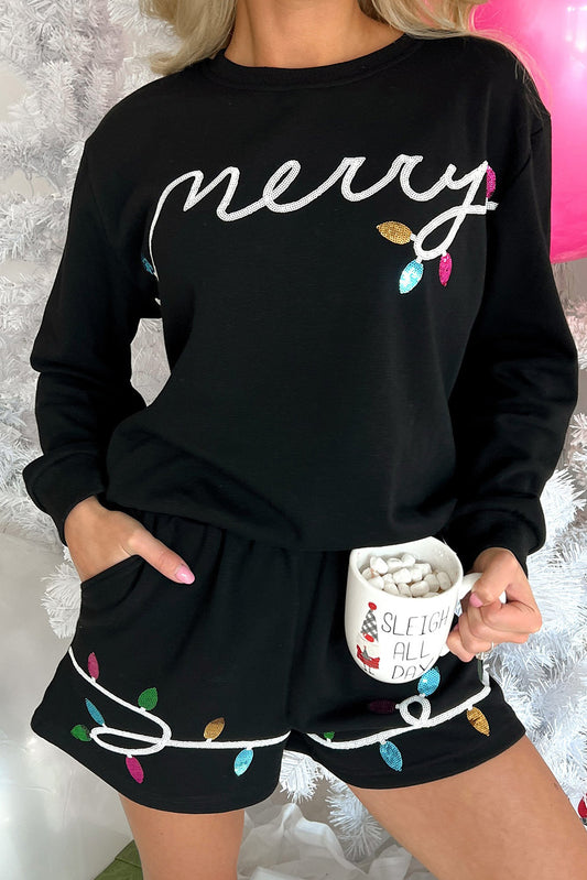 Black Sequin Merry Pullover & Shorts Set