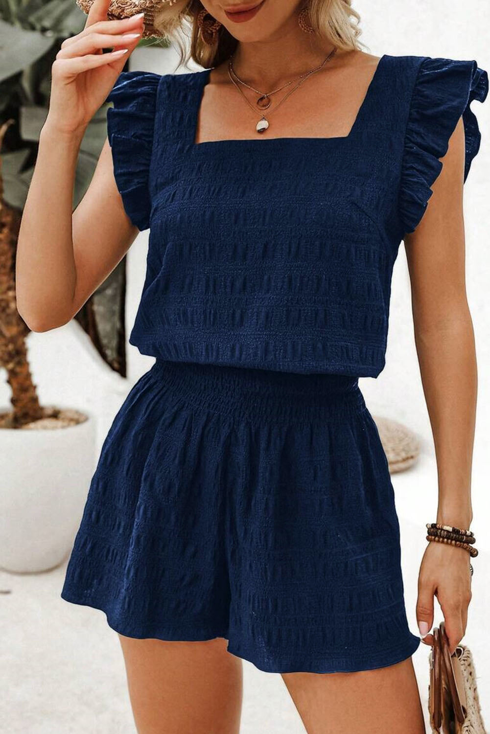 Navy Blue Textured Square Neck Top and Shirred High Waist Shorts Set