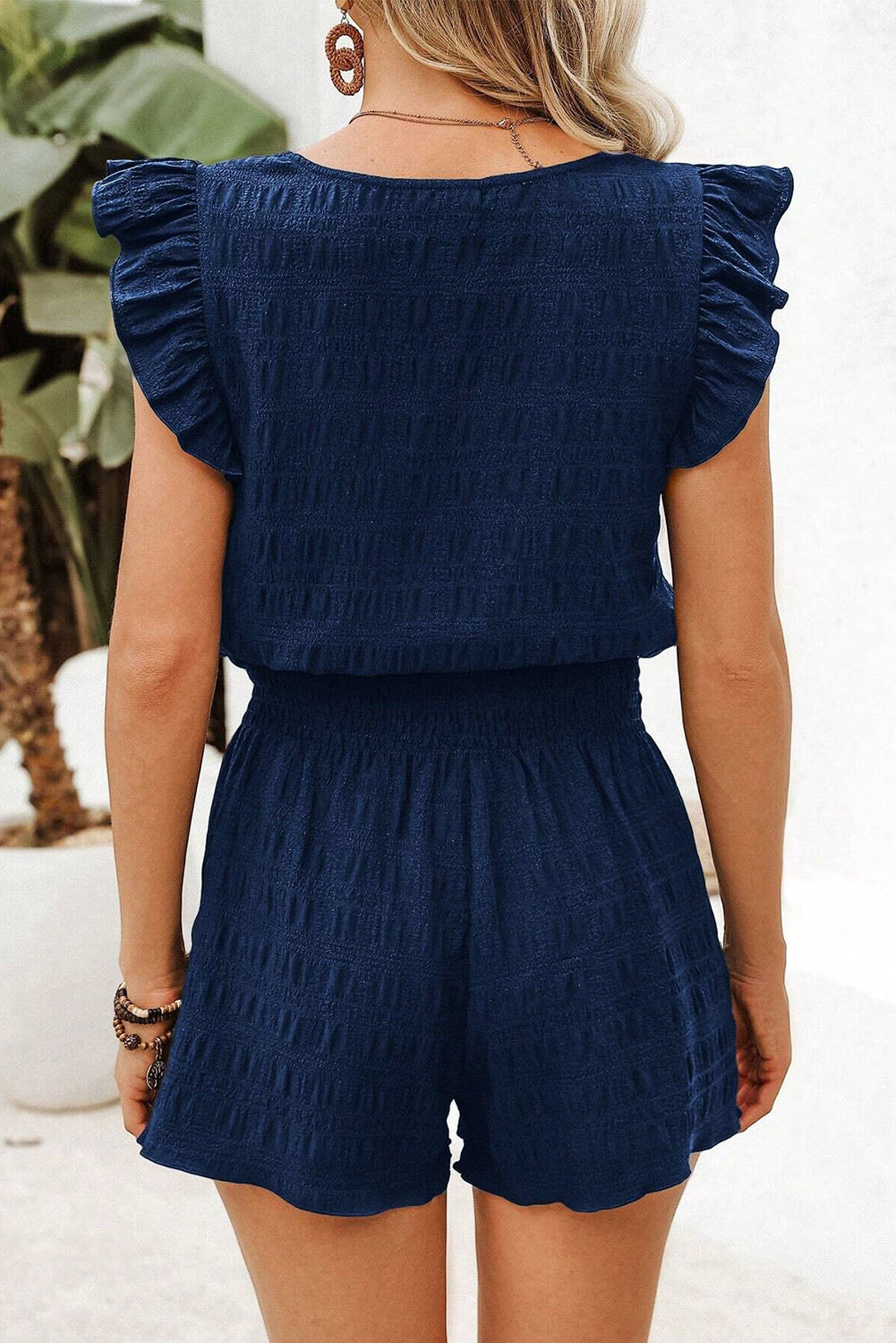 Navy Blue Textured Square Neck Top and Shirred High Waist Shorts Set