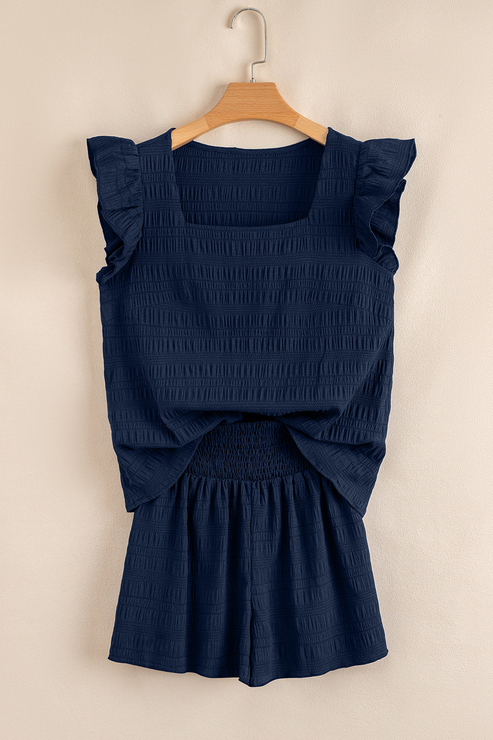 Navy Blue Textured Square Neck Top and Shirred High Waist Shorts Set