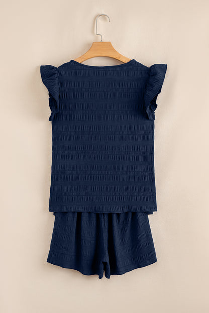 Navy Blue Textured Square Neck Top and Shirred High Waist Shorts Set