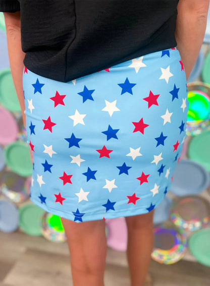 Sky Blue Patriotic Star Printed Beaded Drawstring Mini Skort