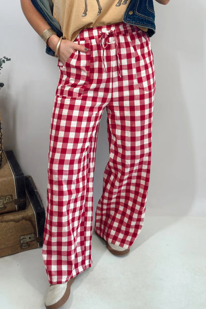 Red Gingham Plaid Tie Waist Pants