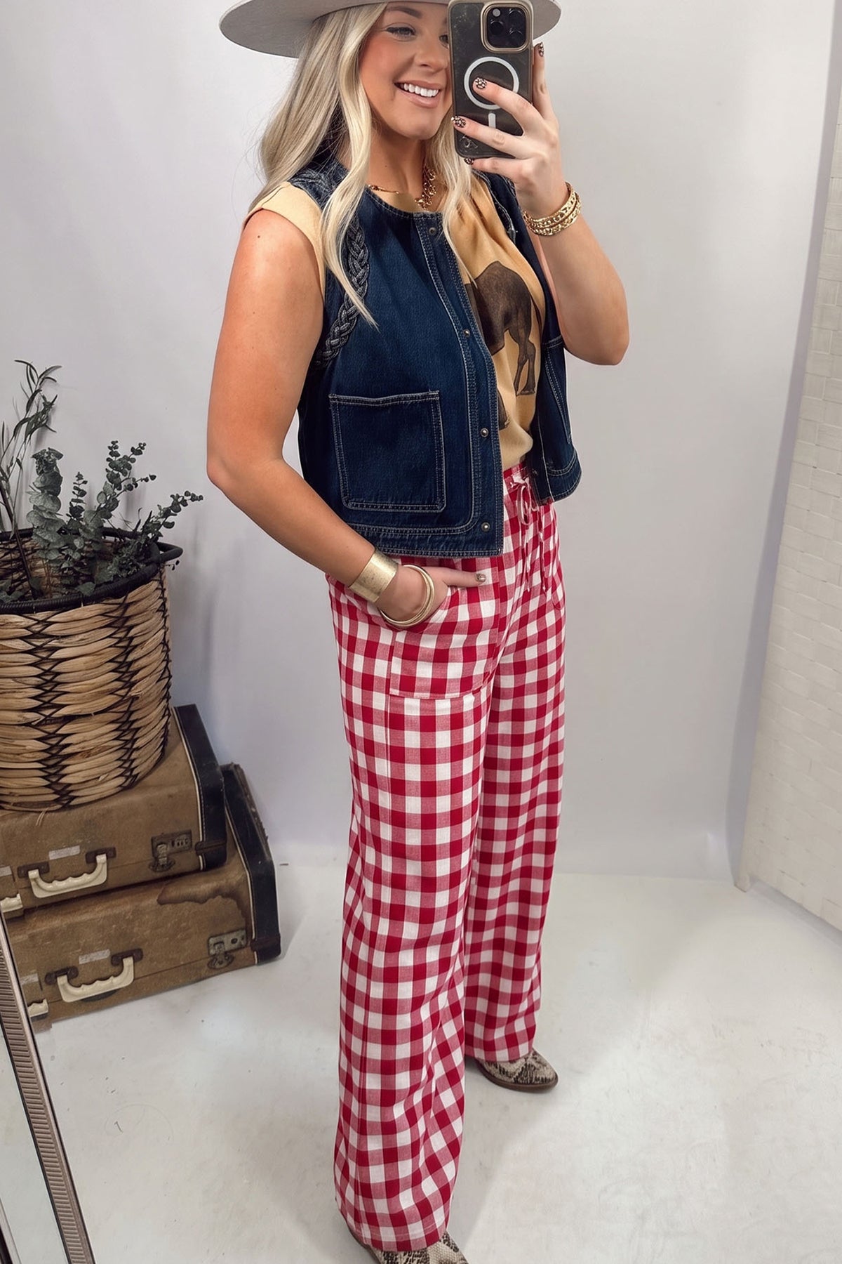 Red Gingham Plaid Tie Waist Pants