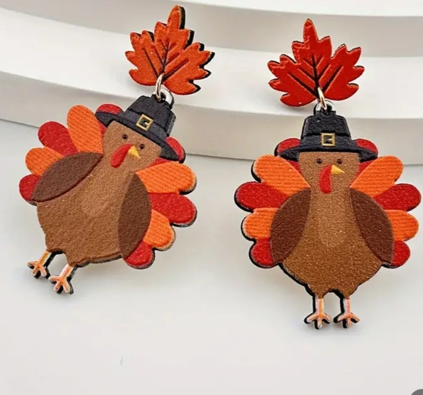 Wooden Maple Leaf Turkey Dangle Earrings