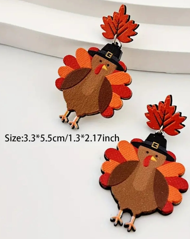 Wooden Maple Leaf Turkey Dangle Earrings