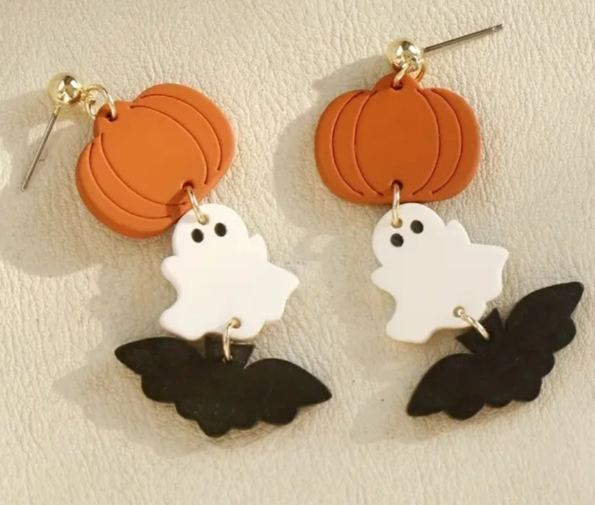 Halloween Ghost Bat Pumpkin Design Long Dangle Earrings