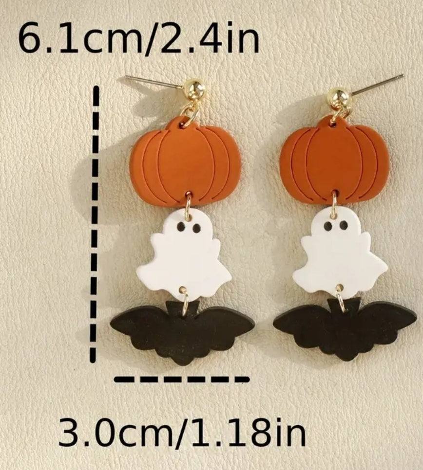 Halloween Ghost Bat Pumpkin Design Long Dangle Earrings