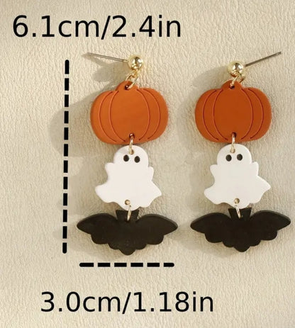 Halloween Ghost Bat Pumpkin Design Long Dangle Earrings