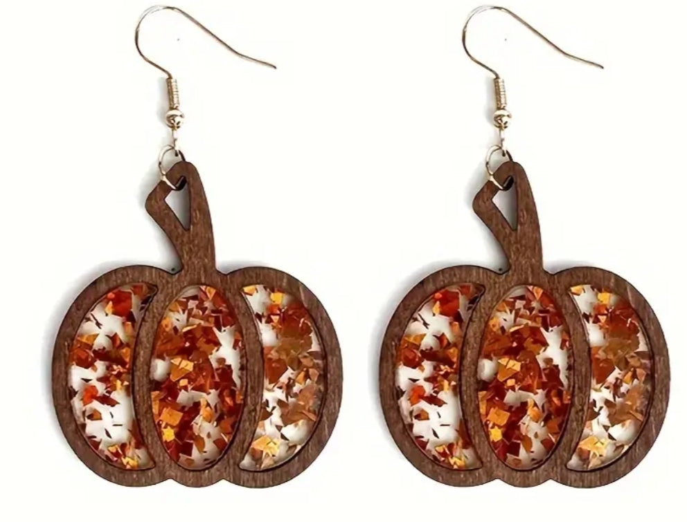 Wooden Pumpkin Dangle Earrings with Acrylic Glitter