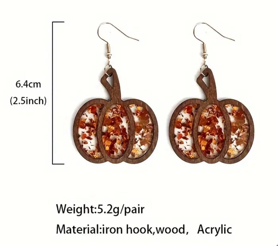 Wooden Pumpkin Dangle Earrings with Acrylic Glitter