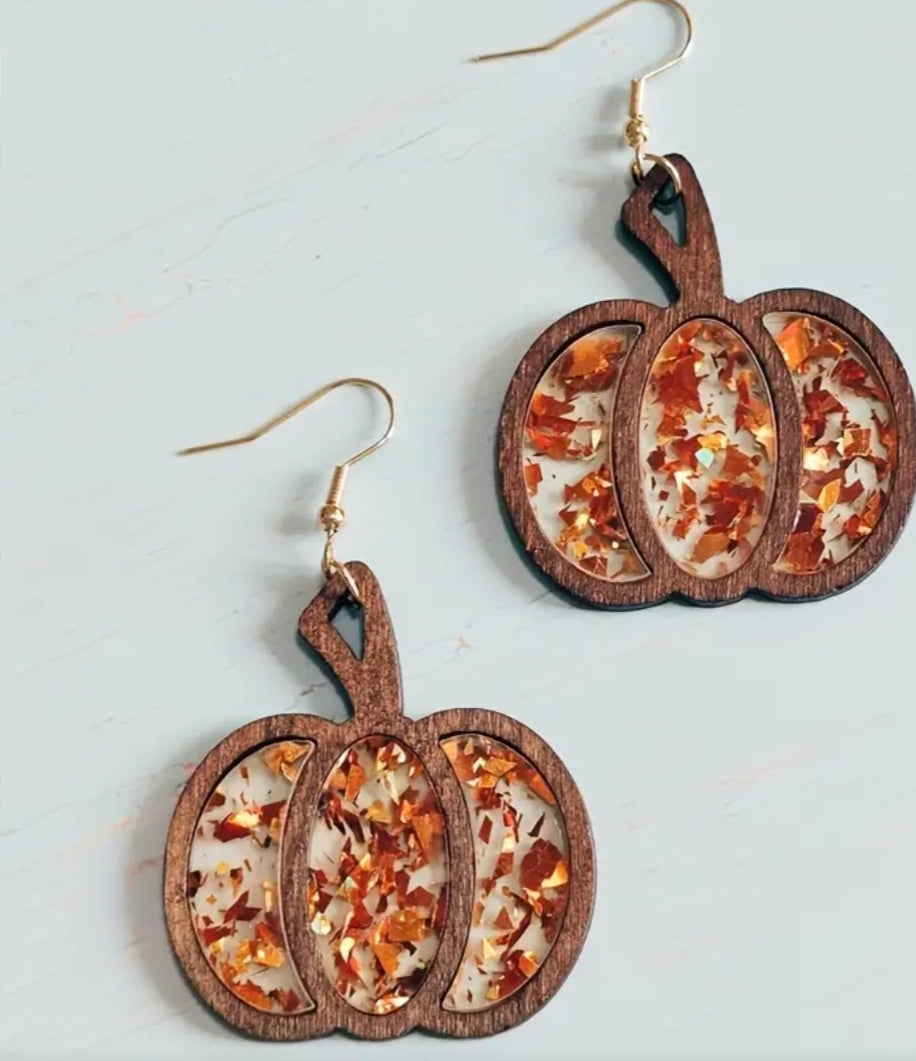 Wooden Pumpkin Dangle Earrings with Acrylic Glitter