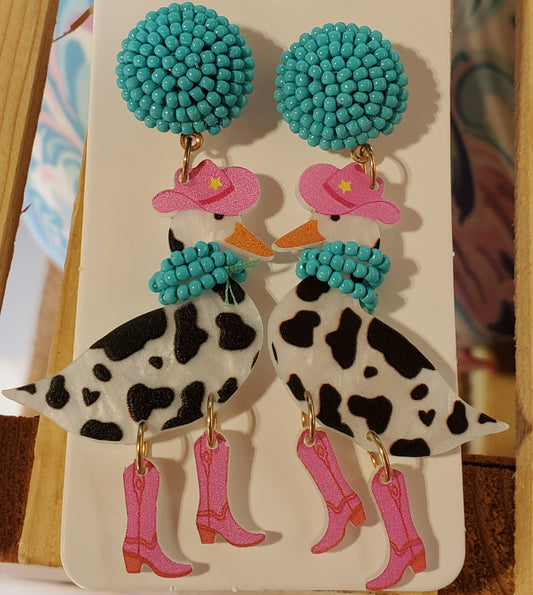 Seed Bead Cow Print Goose Earrings