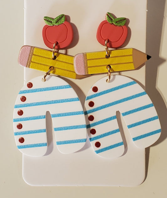 Apple, Pencil, Notebook Paper Drop Earrings