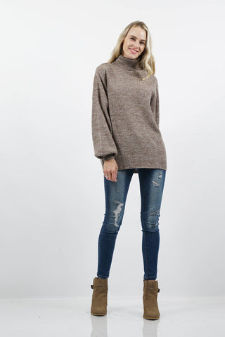 TURTLENECK MELANGE BALLOON SLEEVE SWEATER