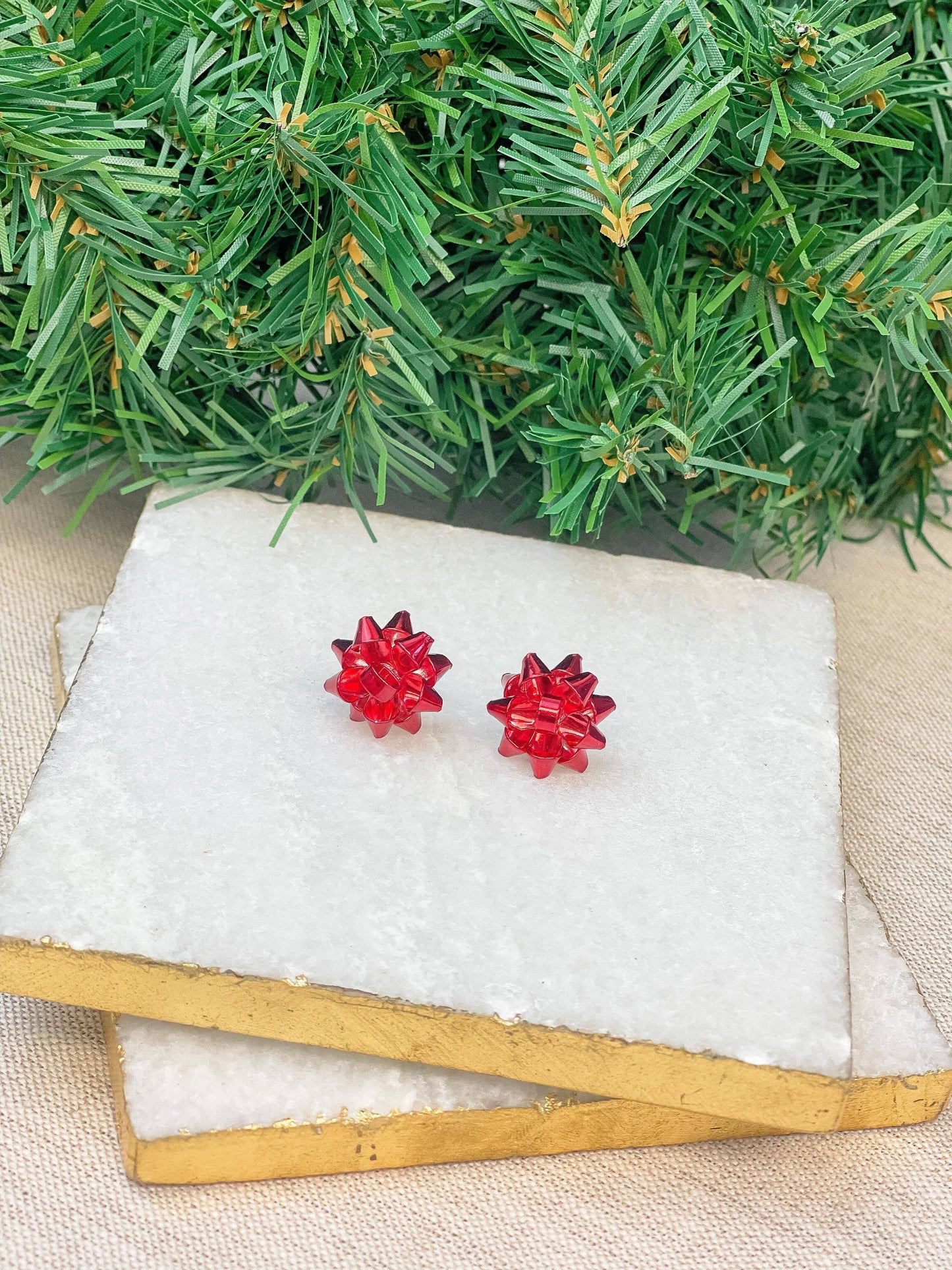 Metallic Present Bow Stud Earrings Red