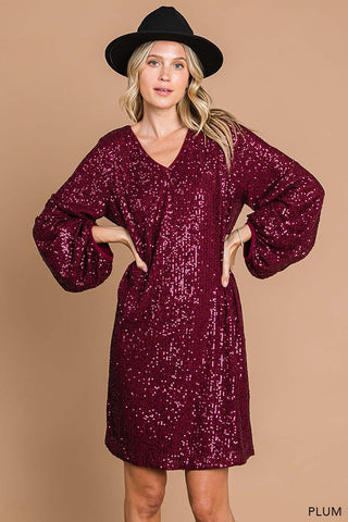 Burgundy Bubble Sleeve Sequin Dress