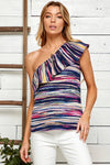 MULTI COLOR STRIPED ONE SHOULDER TOP WITH RUFFLE