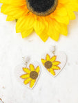 Beaded Sunflower Heart Statement Earrings - White