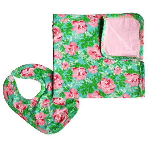 AnnLoren Pink Floral Blanket Bib Girls Baby Shower Gift Set