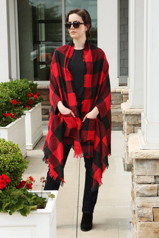 Red Buffalo Check Plaid Open Poncho with Pockets