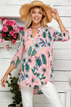 PINK FLORAL BAND COLLAR ROLL UP SLEEVE BLOUSE