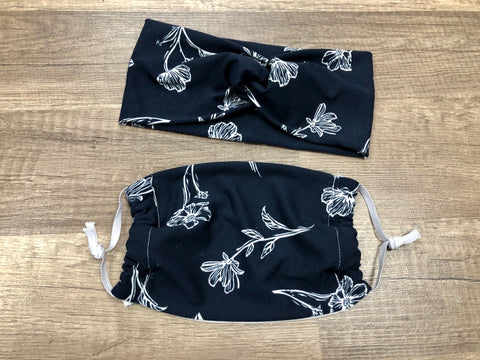 Navy Floral Mask & Matching Head Band