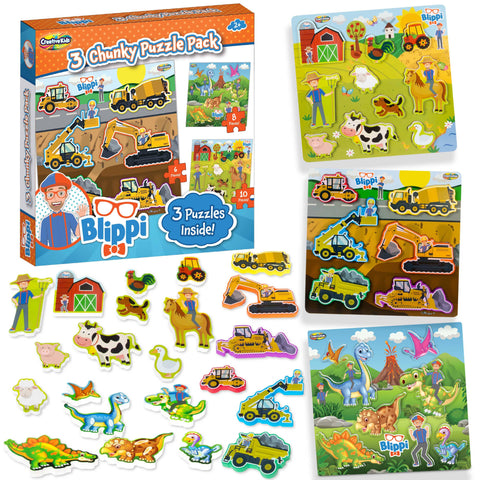Blippi Chunky Puzzles for Toddlers 3-in-1 Wooden Puzzle Set