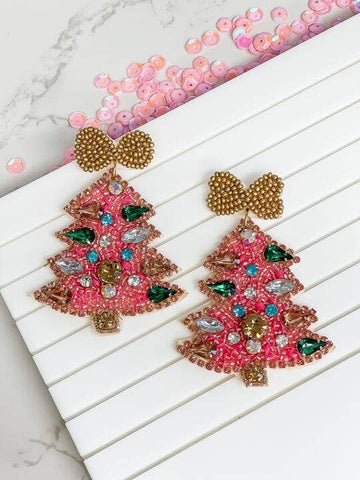 Pink Rhinestone Christmas Tree Dangle Earrings