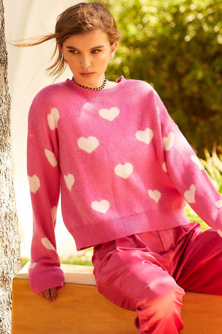 Round Neck Heart Sweater-Pink