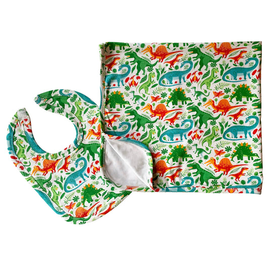 Dinosaur Stroller Blanket & Bib Set Baby Boy Shower Gift