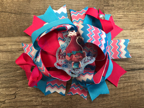 Pink and blue troll inspired bow