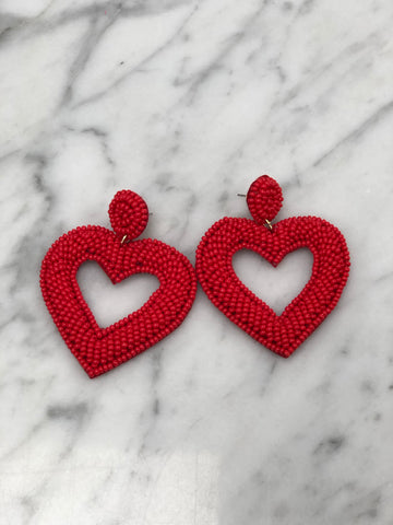 Big Red Heart Seed Bead Earrings